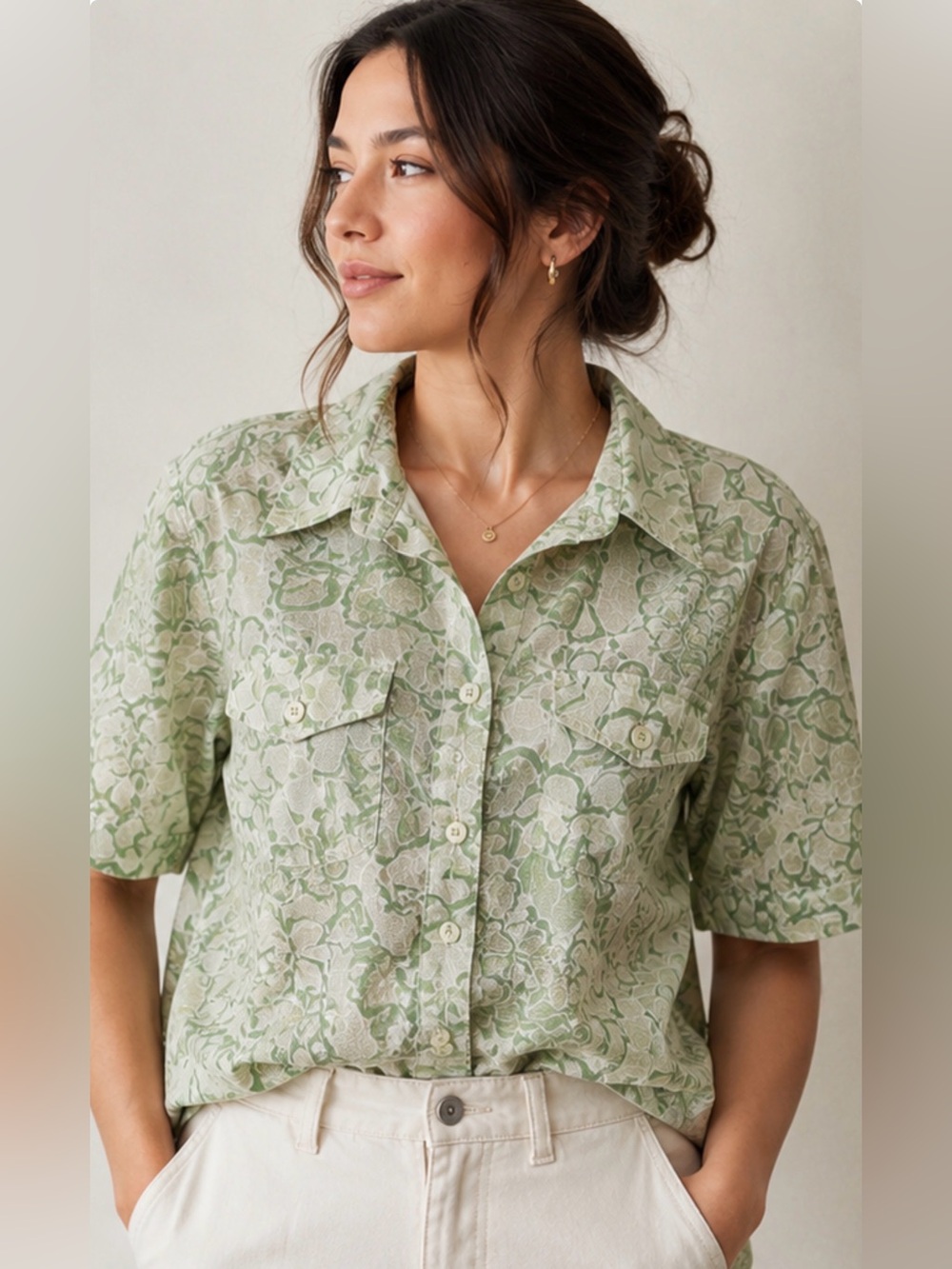 Alfred Dunner Mint Green Floral Jacquard Button‎ Front Shirt Top